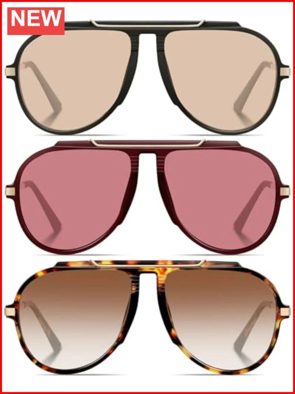 Retro Oversized Aviator Sunglasses Unisex Metal Frame UV Protection